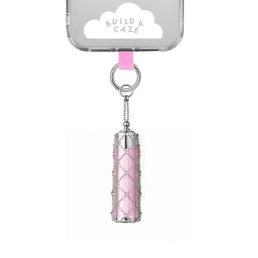 Silver metallic mesh B.A.C. Lippie Clippie keychain attachment for phone cases designed to securely hold standard lipsticks and lip balm accessories.