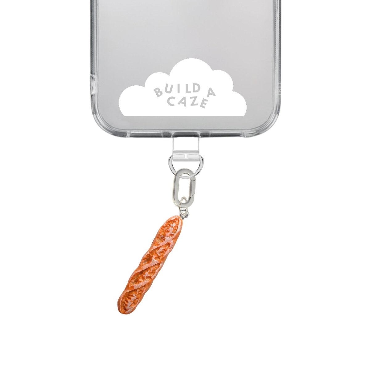 Quirky baguette-shaped phone charm in brown and beige, a whimsical food-themed mobile accessory and Y2K aesthetic tech decoration by Build a Caze.