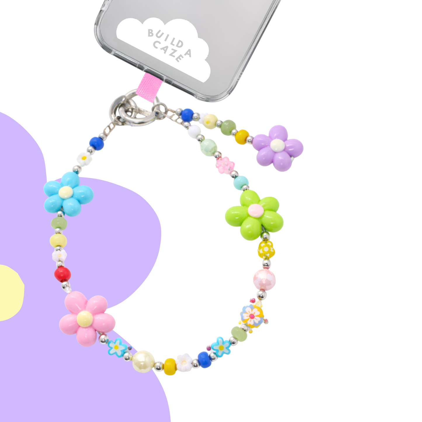 Multicolor-rainbow Strappy in a top-down view showing floral beads - Build A Caze.