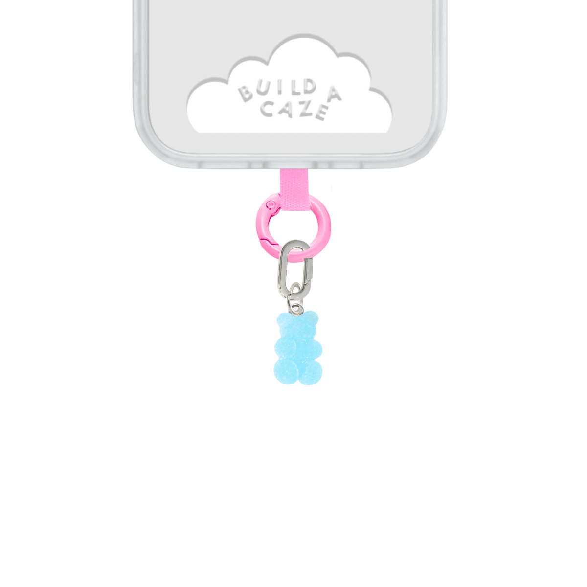 Blue gummy bear phone charm with a sugar-coated texture, cute Y2K aesthetic mobile accessory and decorative tech strap by Build a Caze.