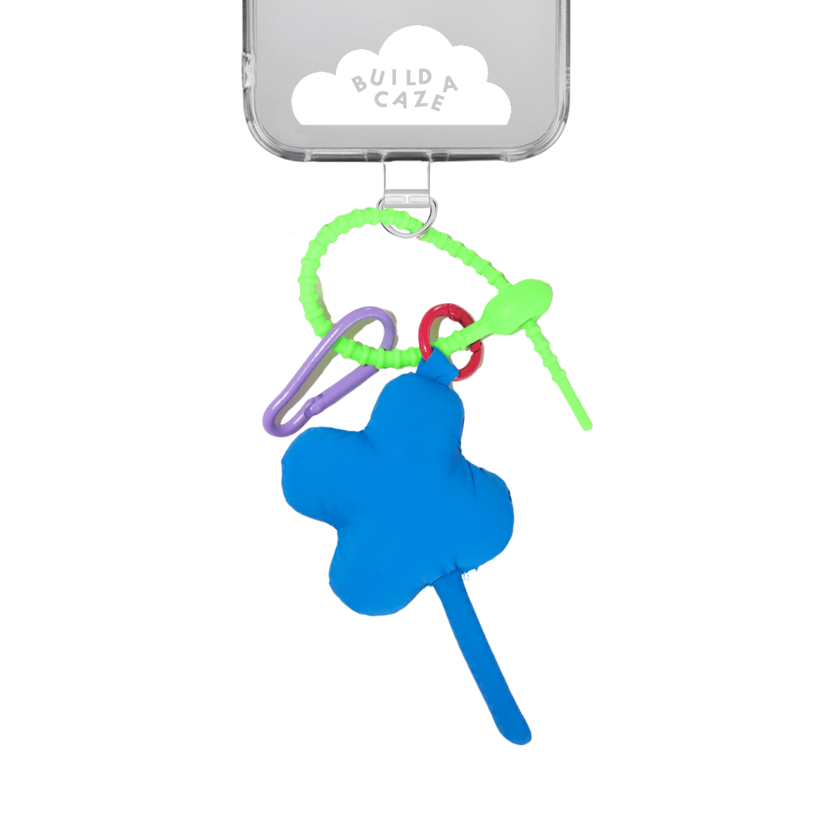 Blue Clover Me Keychain, lucky four-leaf clover charm with blue, green, and pink accents, handmade aesthetic accessory for phone cases, bags, and backpacks, trendy y2k style lucky charm for mobile devices and keyrings.