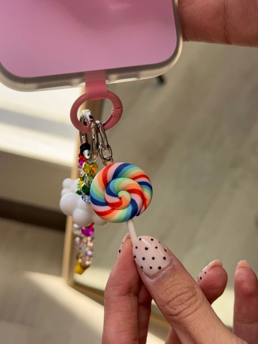 Rainbow blue rainbow  lolliepop swirl iridescent heart cell phone charm cute phone charms for women Build A Caze