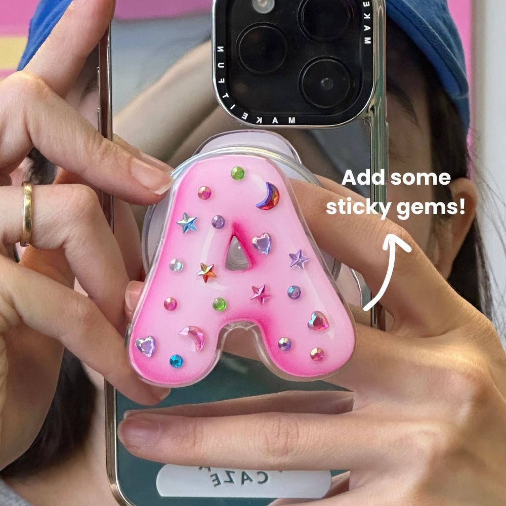 Pink 3D bubble initial phone grip customizable with gems cute phone grip Build A Caze