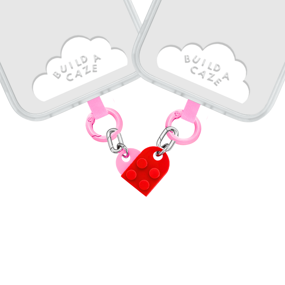 Red building block heart phone charm, cute Valentine's Day aesthetic mobile accessory and decorative tech strap for phone cases by Build a Caze.