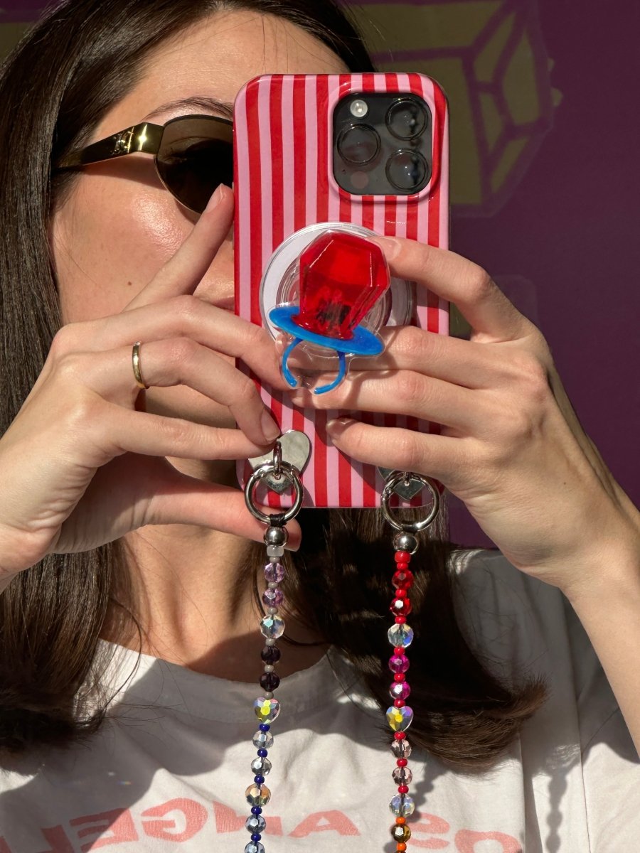 Cherry bling rhinestone cherry magsafe pop holder, red and silver glitter magnetic pop socket and phone grip accessory.