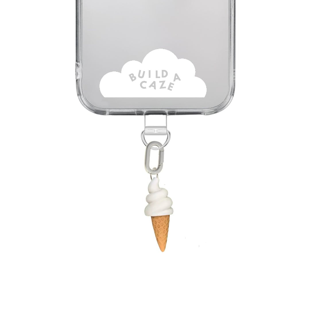 Classic vanilla soft serve ice cream cone phone charm with a cute swirly design, nostalgic Y2K aesthetic mobile accessory and decorative tech strap by Build a Caze.