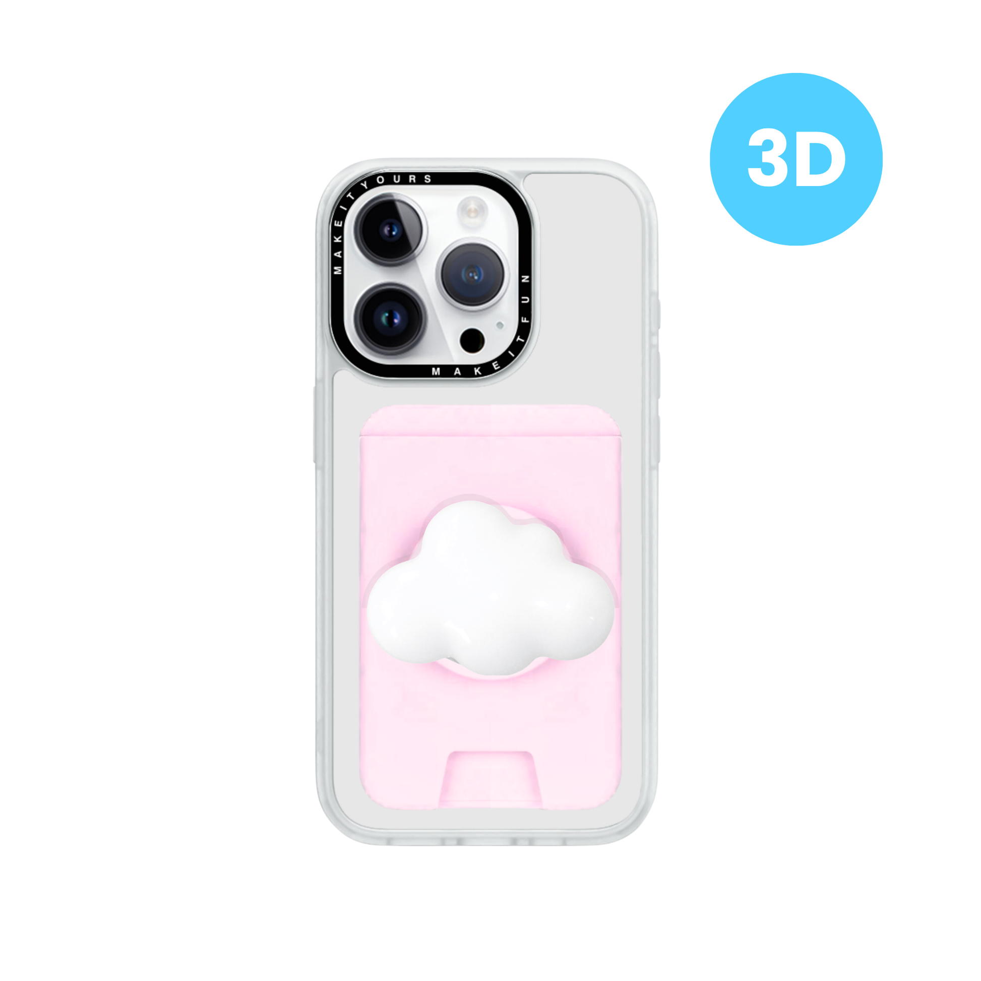 MagSafe compatible 3D cloud phone grip and pink magnetic card holder wallet, secure pop holder and phone stand, Build a Caze phone case accessory.