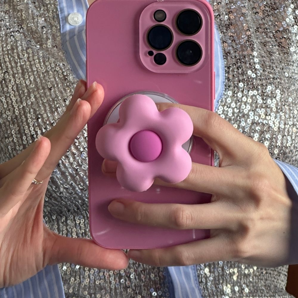 Pink flower magnetic phone grip MagSafe compatible 3D floral design Build A Caze