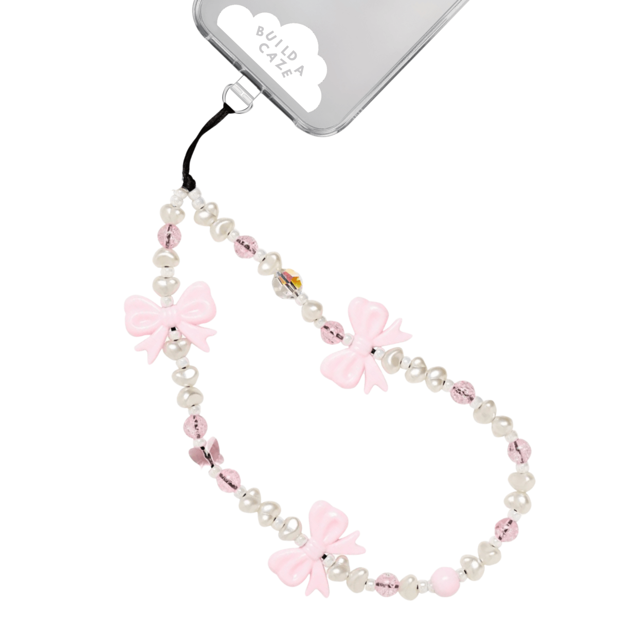 Beaded phone wrist strap featuring pink and clear beads with cute bow charms and a black cord lanyard, perfect as a coquette aesthetic phone strap and decorative mobile phone wrist strap accessory.