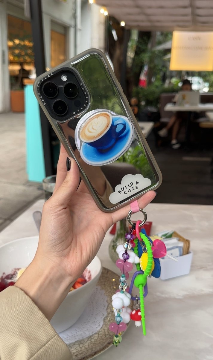 Cuppa latte coffee design MagSafe pop holder, cute caffeine inspired magnetic pop socket and phone grip accessory.