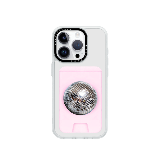 MagSafe compatible disco ball phone grip, magnetic card holder wallet, silver reflective glitter pop holder, secure phone stand, Build a Caze phone case accessory.