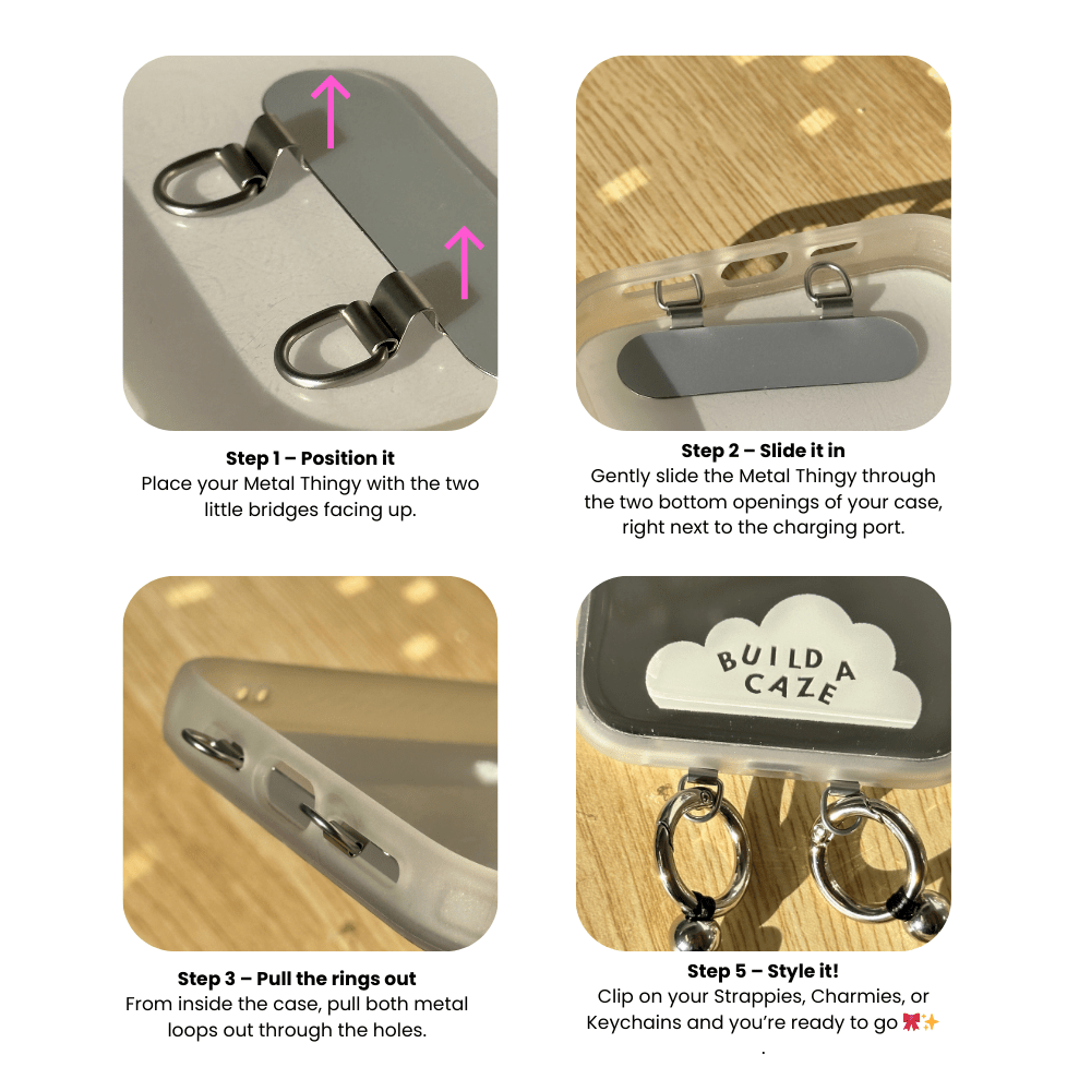 Durable double link metal connector for phone charms, high-quality silver swivel attachment for mobile straps and aesthetic tech accessories by Build a Caze.