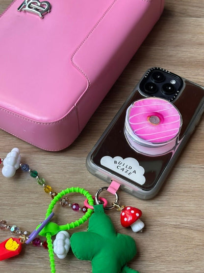 Dough-Not Glaze Me doughnut magsafe pop holder, cute pink glazed donut magnetic pop socket and phone grip accessory.