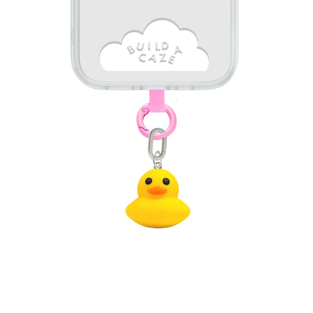Adorable yellow duck phone charm, a quirky 3D rubber ducky mobile accessory for MagSafe cases by Build a Caze.
