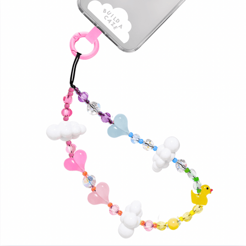 Beaded phone wrist strap featuring pastel heart-shaped beads, fluffy white cloud charms, and a tiny yellow duck with a black cord lanyard, perfect as a decorative phone strap and mobile phone accessory.