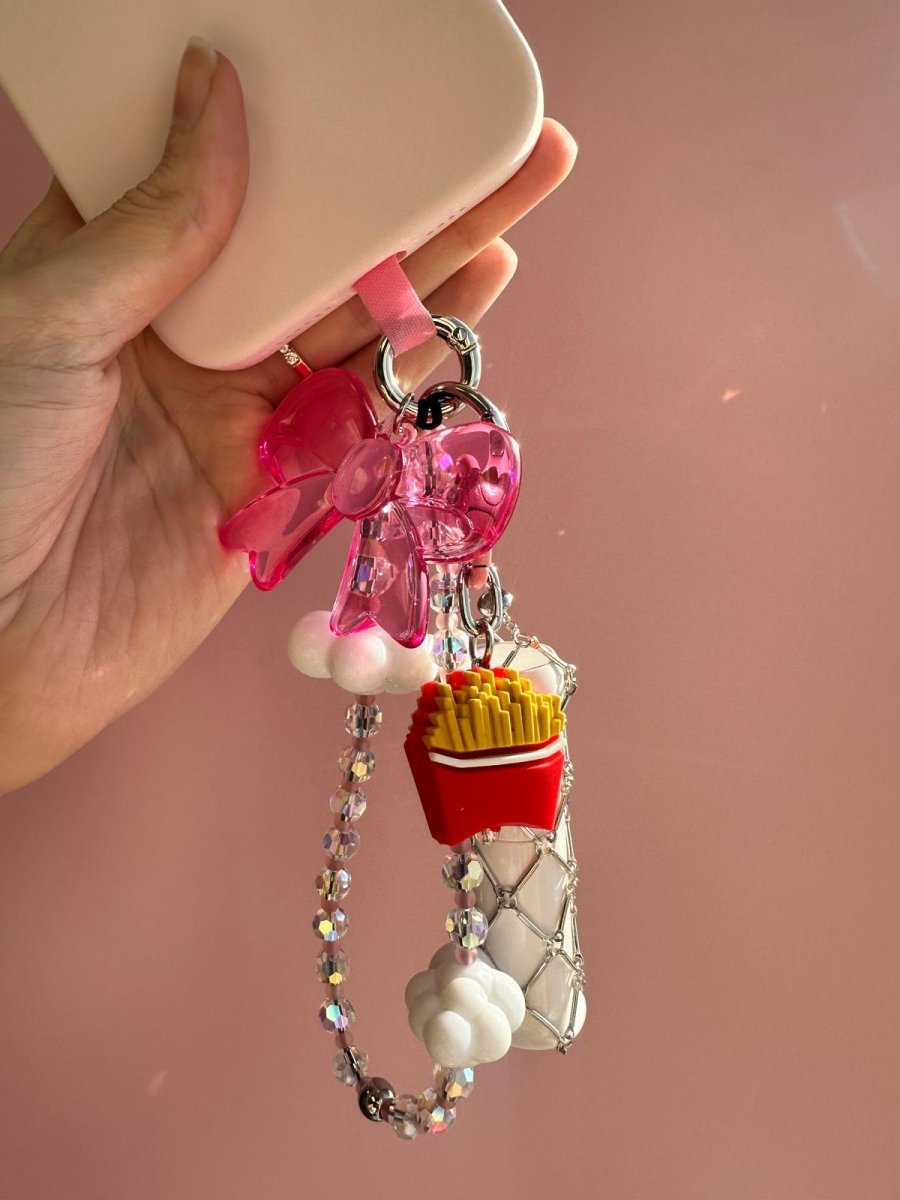 Cute French fries phone charm in a red carton, fun fast food aesthetic mobile accessory by Build a Caze.