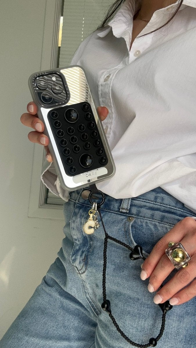 Chunky silver initial B charm for phone cases, featuring a metallic 3D letter design, trendy Y2K aesthetic mobile accessory and personalized tech jewelry by Build a Caze.
