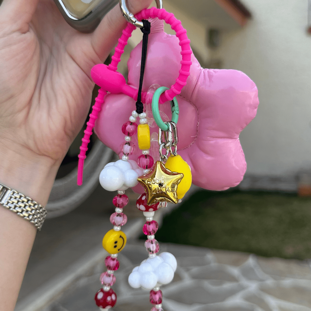 Pink Flower Power Puffy Keychain