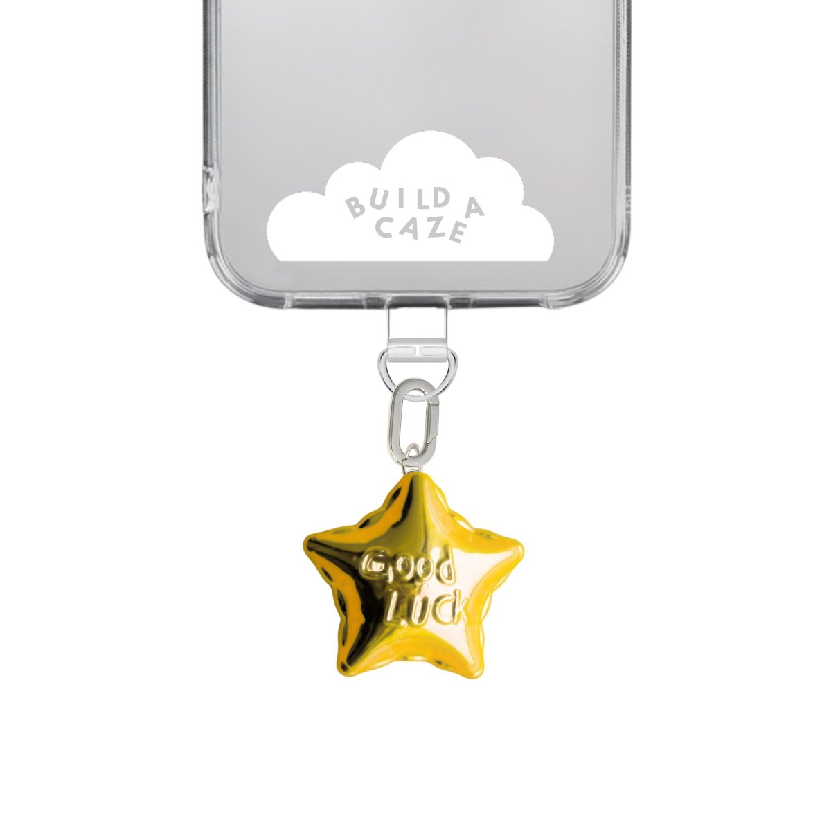Gold chrome star phone charm with a metallic finish, lucky celestial aesthetic mobile accessory and Y2K decorative tech strap for phone cases by Build a Caze.
