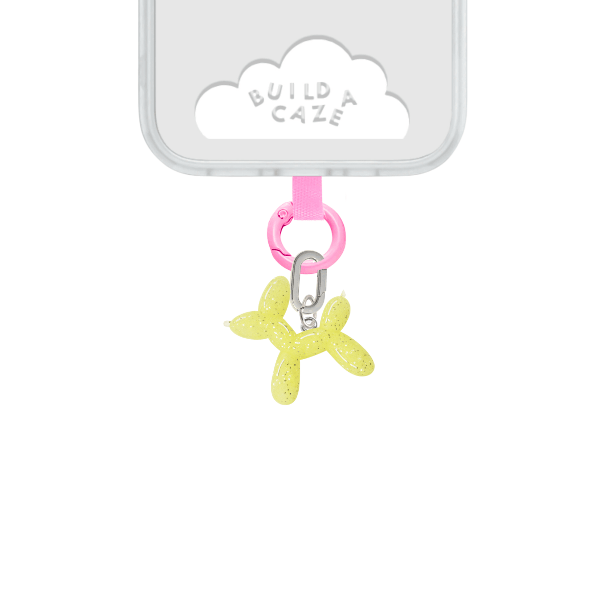 Adorable green silicone dog balloon charm, a squishy and playful Y2K aesthetic mobile phone accessory by Build a Caze.