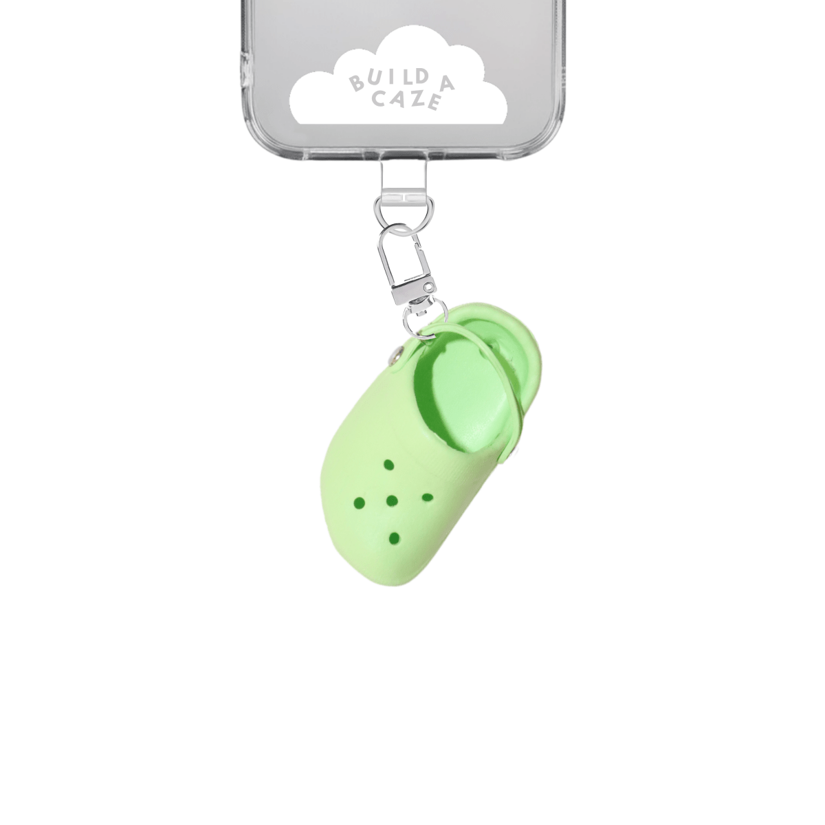 Green Little Sandal Keychain, miniature green clog charm for phone cases and bags, quirky footwear accessory, trendy mobile phone attachment, sandal-shaped keychain charm.
