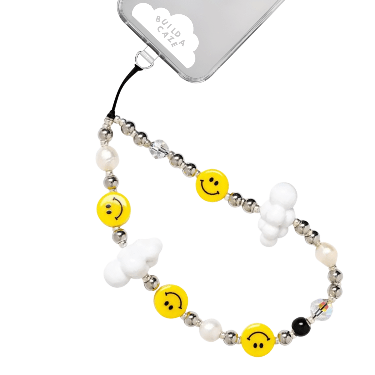 Phone wrist strap multicolor rainbow beads, white cloud charms, and happy smiley face beads cell Phone Build A Caze
