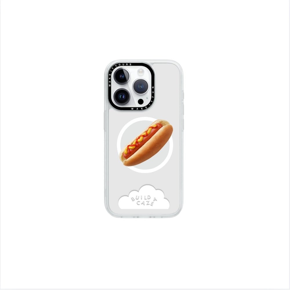 Hot Doggy MagSafe pop holder, cute hot dog magnetic pop socket and phone grip accessory in beige, pink, and brown.