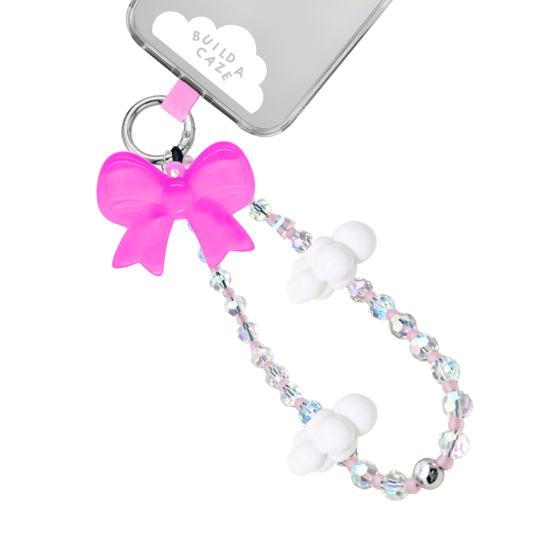 Phone wrist strap iridescent beads, hot pink bow charms, and white clouds cell Phone Build A Caze