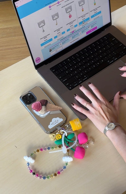 Ice cream cone MagSafe pop holder, cute pink and blue frozen treat themed magnetic pop socket and phone grip accessory.