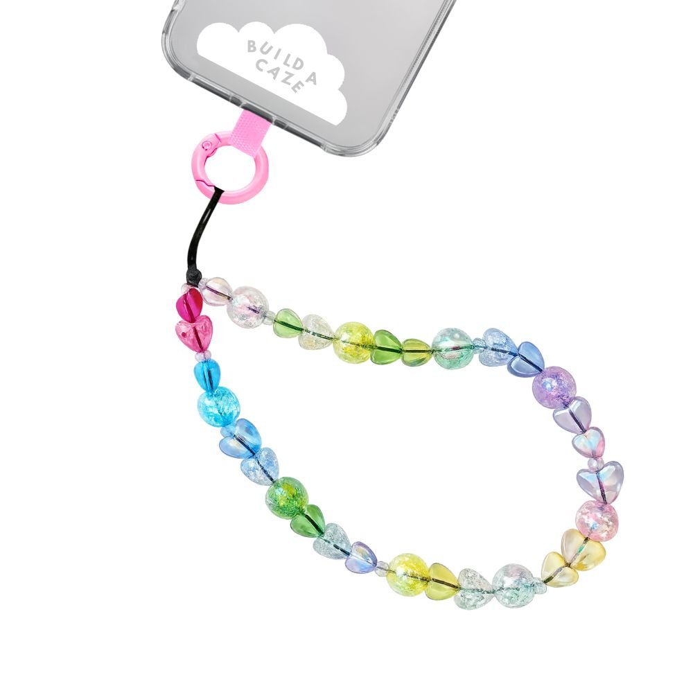 Colorful rainbow beaded phone wrist strap crystal hearts cute phone wrist strap for women Build A Caze