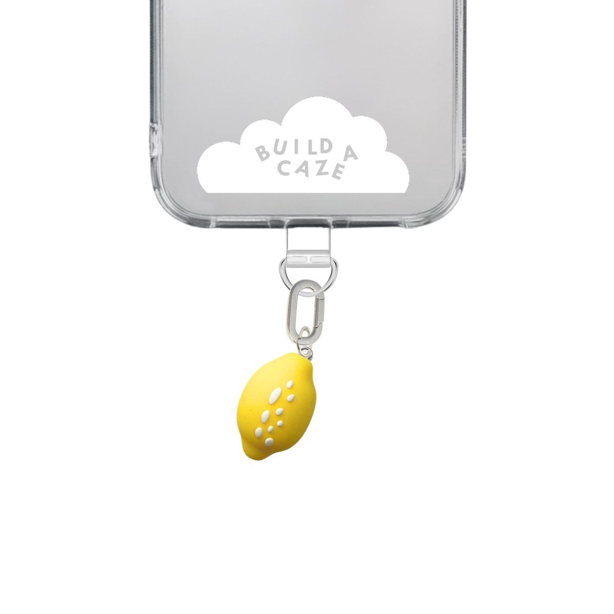Adorable yellow lemon phone charm with a playful 3D fruit design, cute Y2K aesthetic mobile accessory and decorative tech strap for phone cases by Build a Caze.