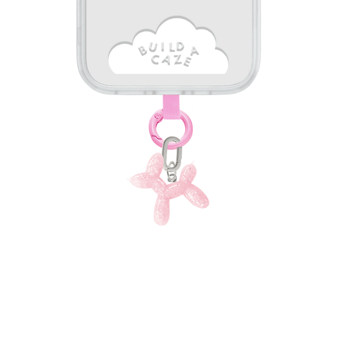 Adorable light pink bubble dog balloon charm, a squishy silicone puppy phone accessory for keys and bags, trendy Y2K aesthetic decorative tech strap by Build a Caze.