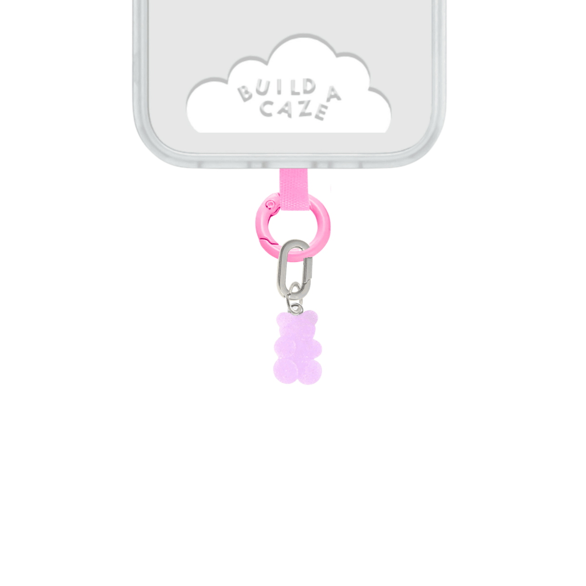 Cute lilac purple gummy bear phone charm in a sugar-coated candy style, nostalgic Y2K aesthetic mobile accessory and decorative tech strap by Build a Caze.