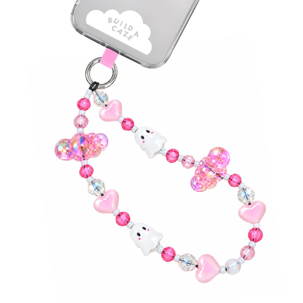 Pink beaded phone wrist strap with cute ghosts and hearts design Build A Caze.