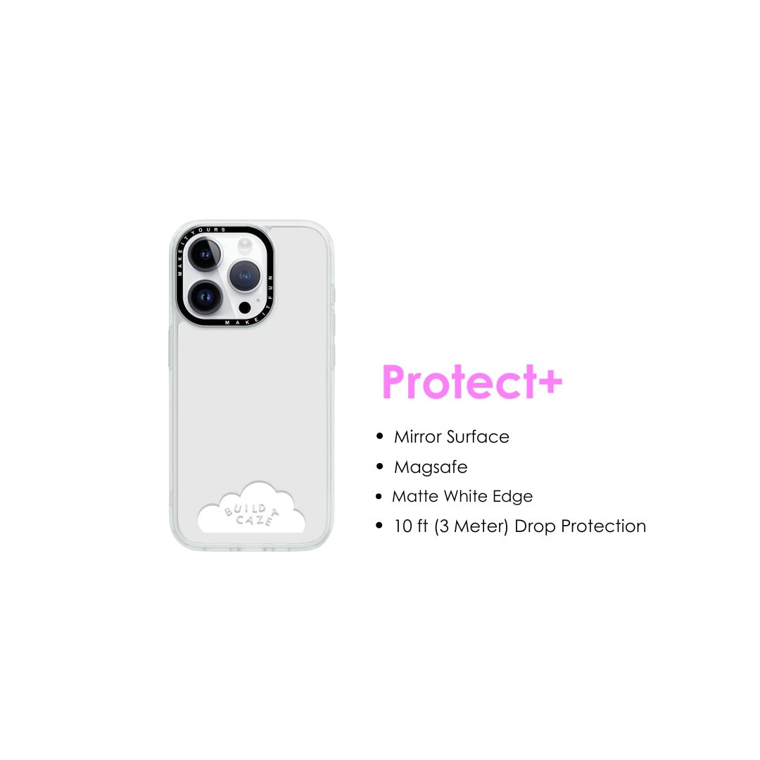 Silver MagSafe mirror phone case for iPhone 16 Pro Max featuring 10ft drop protection, shockproof bumper, and a reflective back cover.
