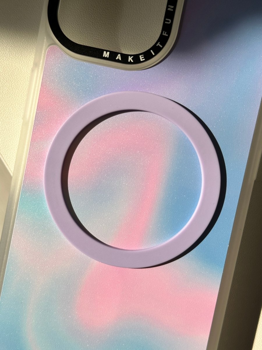White magnetic Caze adaptor for phone cases, MagSafe compatible ring for magnetic pop socket, phone grip, and pop holder accessories.