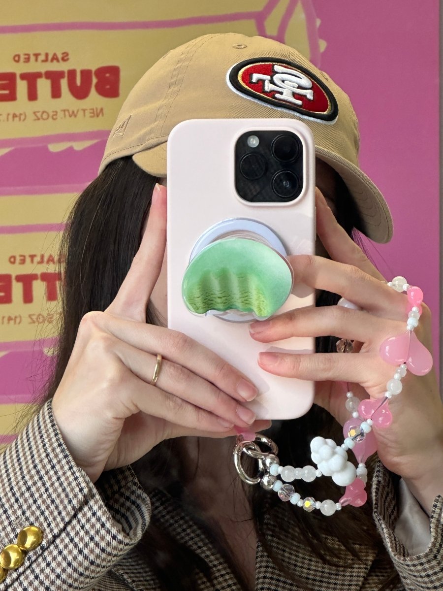 Matcha Mochi Crush green tea inspired MagSafe pop holder, cute mochi dessert magnetic pop socket and phone grip accessory.