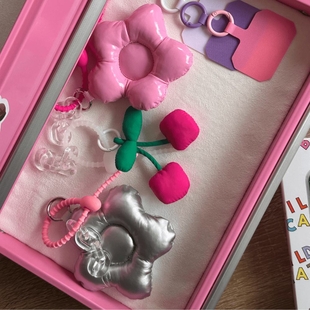 Pink Flower Power Puffy Keychain