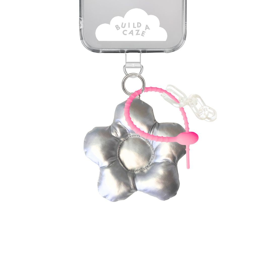 Metallic Puffy Flower shiny silver floral bag charm for phone cases and aesthetic keychain matching set Build A Caze