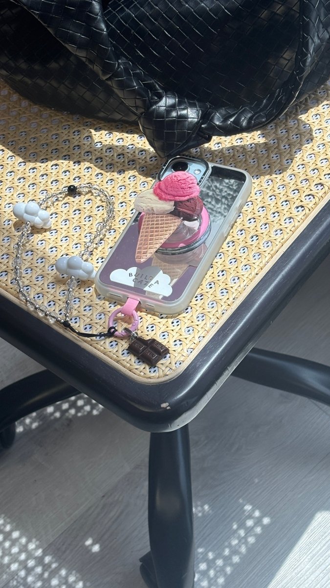 Cute milk chocolate bar phone charm with a 3D realistic food design, nostalgic Y2K aesthetic mobile accessory and decorative tech strap for phone cases by Build a Caze.