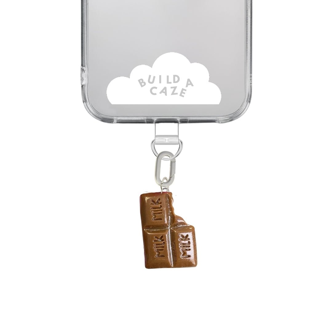 Realistic milk chocolate bar phone charm in a rich brown color, cute food-themed mobile accessory and nostalgic Y2K aesthetic tech decoration for phone cases by Build a Caze.