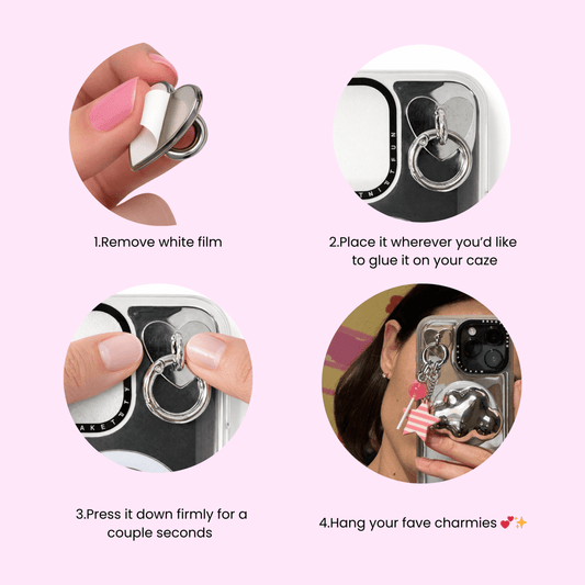 Cute pink heart dangly charm for phone cases, featuring a dainty Y2K aesthetic and stylish mobile accessory design by Build a Caze.