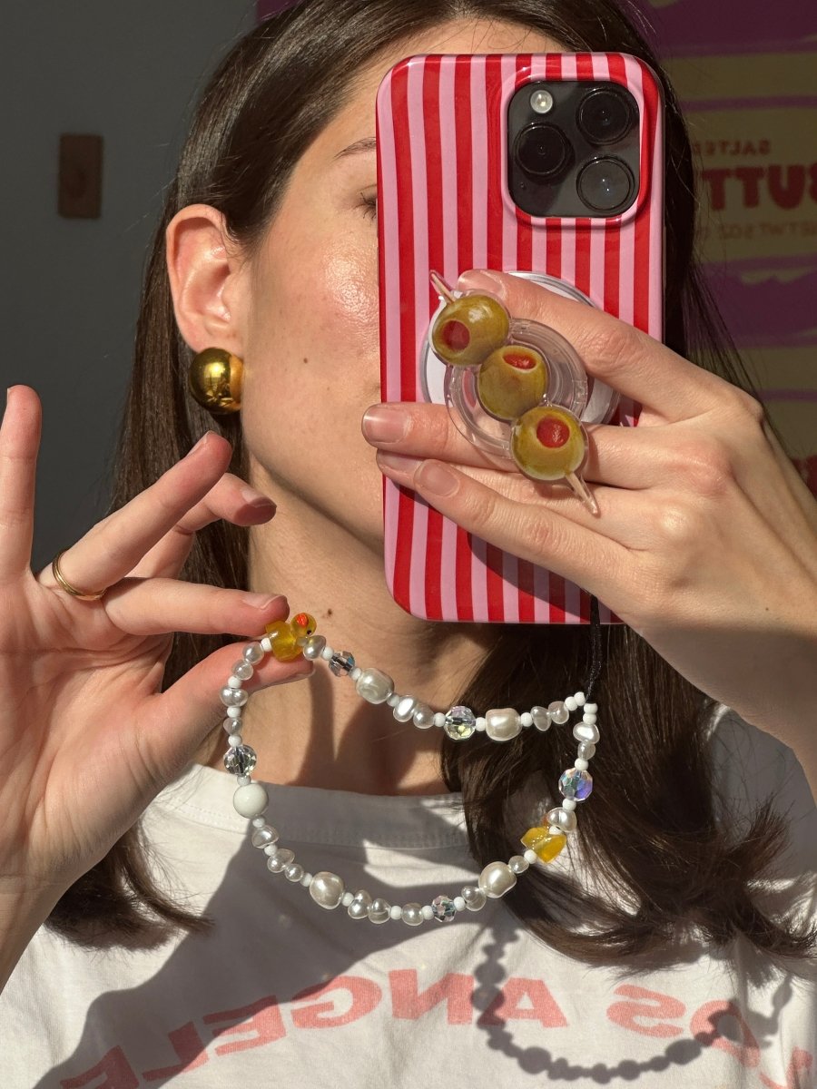 Phone lanyard elegant white faux Pearls and cute yellow duck charms Build A Caze