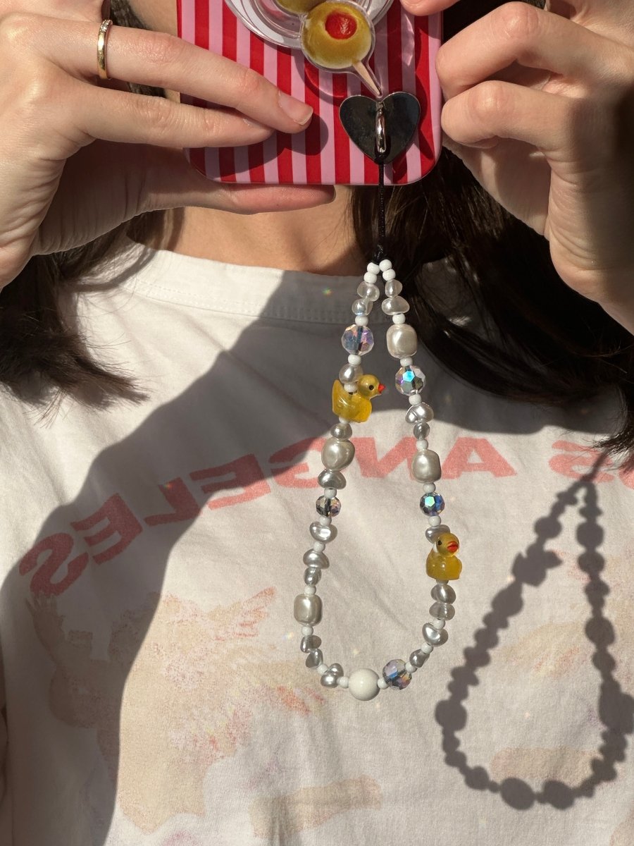 Phone wrist strap white faux Pearls and yellow duck charms Build A Caze