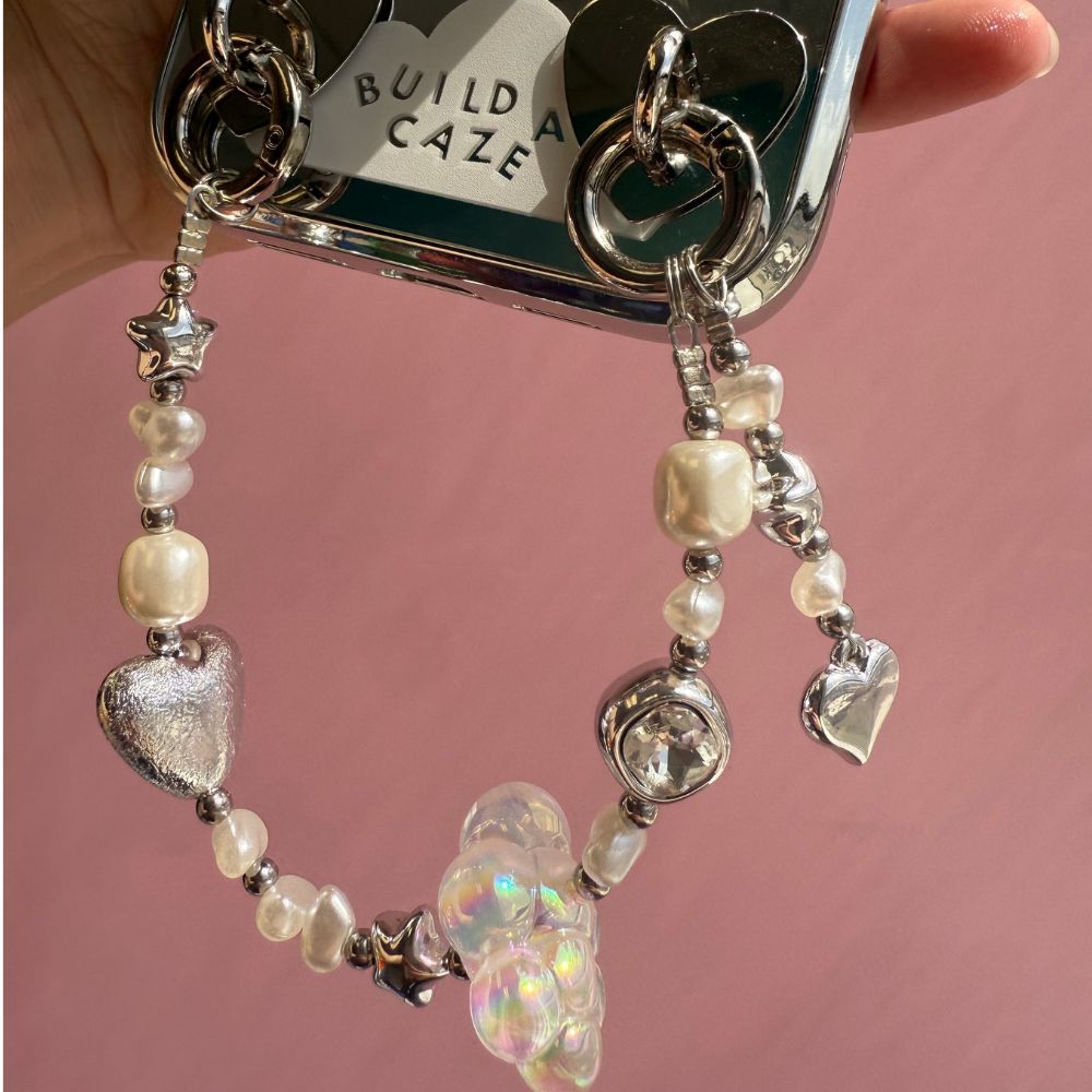 Silver pearl beaded phone wrist strap iridescent flower charm phone strap Build A Caze