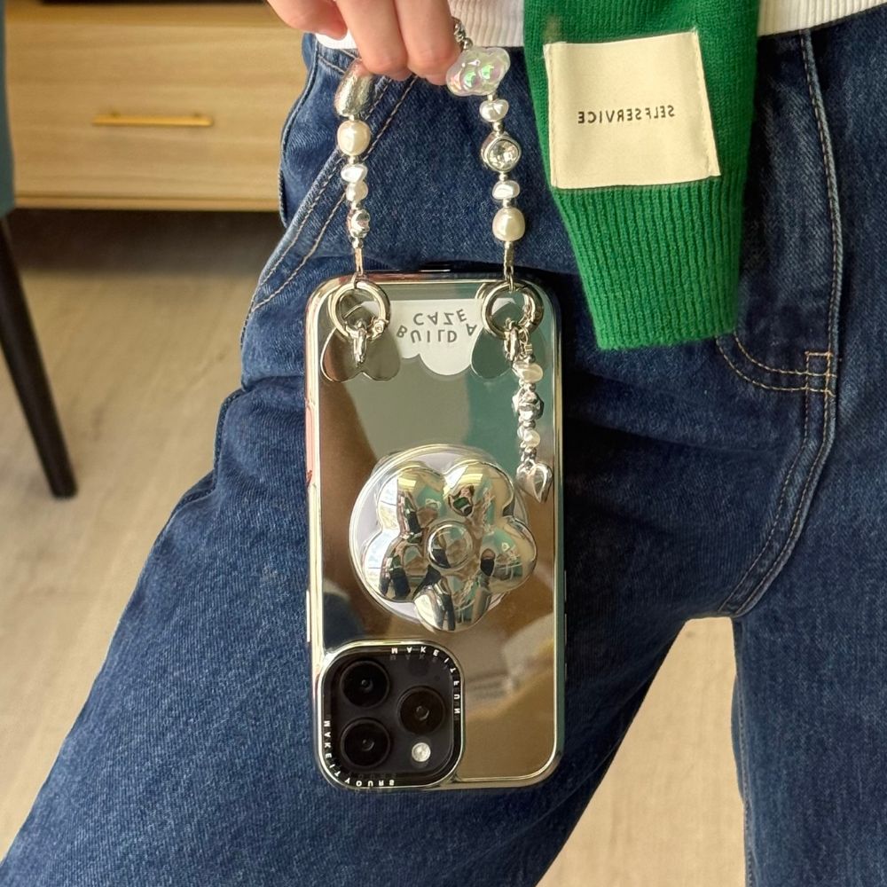 Silver pearl beaded phone wrist strap crossbody cute phone accessories Build A Caze