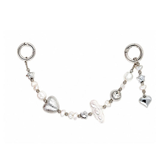 Silver pearl beaded phone wrist strap heart charm cute phone wrist strap for women Build A Caze