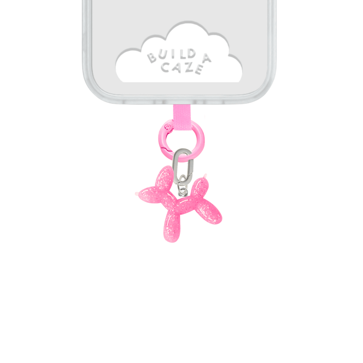 Adorable pink silicone balloon dog phone charm with a squishy texture, nostalgic Y2K aesthetic mobile accessory for phone cases and bags by Build a Caze.