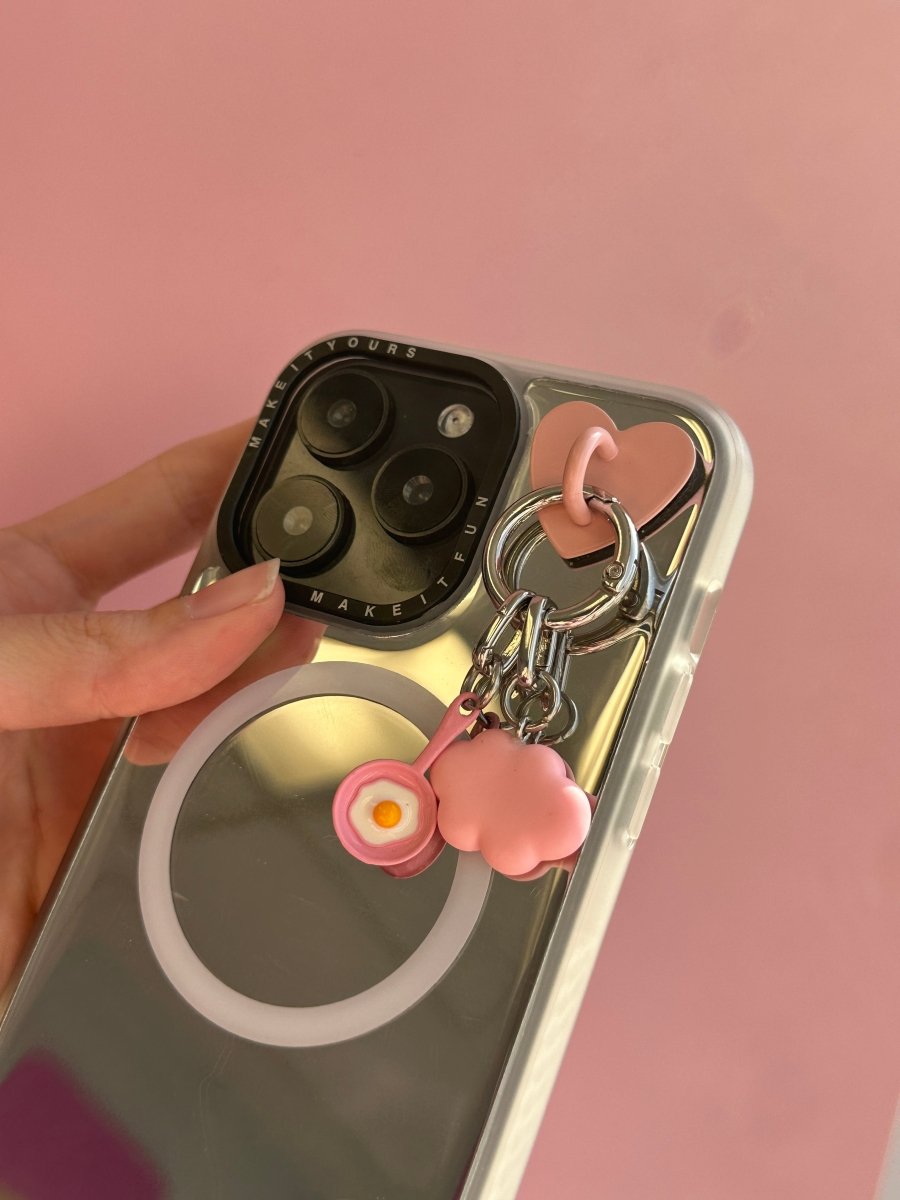 Pink fluffy cloud phone charm with a gold heart detail, Y2K aesthetic aesthetic mobile accessory by Build a Caze.