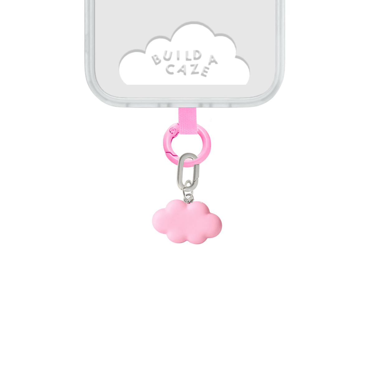 Soft matte pink cloud phone charm with a dreamy aesthetic, minimal Y2K style mobile accessory for phone cases and bags by Build a Caze.